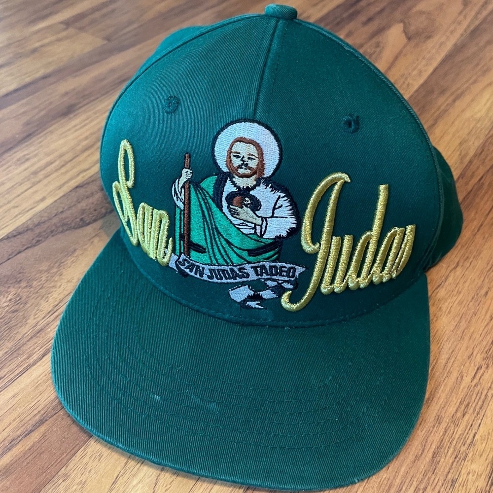Wynn Headwear San Judas Tadeo Snapback Hat Mens Green Gold Cotton Religious Cap